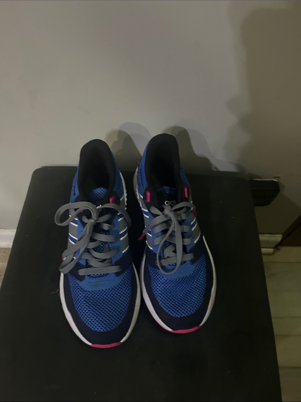 Adidas Run90s women's running shoes in a blue, grey, and pink colorway